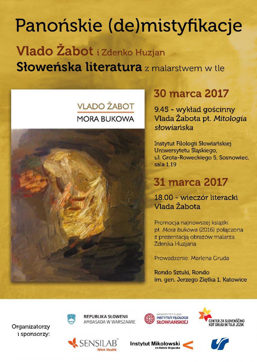 Plakat promujący spotkanie pt. „Panońskie (de)mistyfikacje – słoweńska literatura z malarstwem w tle” zawierający program wydarzenia i okładkę książki Zabota
