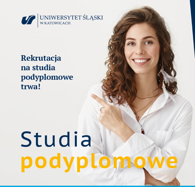 plakat przedstawiający kobiete która wskazuje na napis rekrutacja na studia podyplomowe trwa