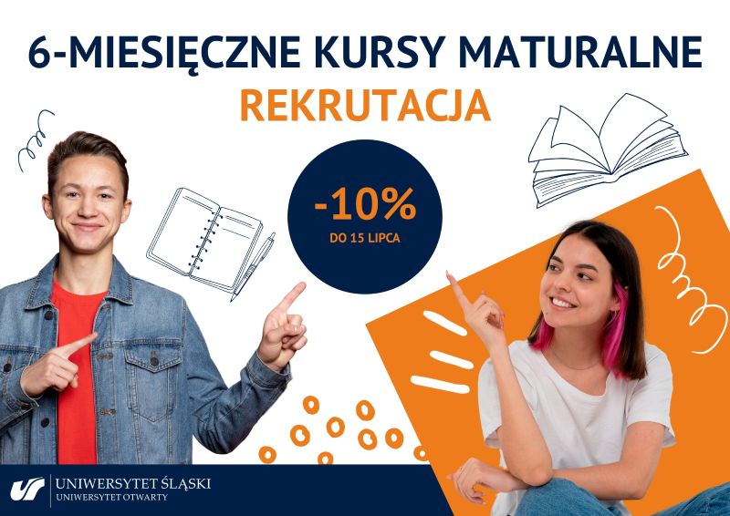 grafika na której znajduje się napis: 6-miesieczne kursy maturalne, rekrutacja, -10% do 15 lipca