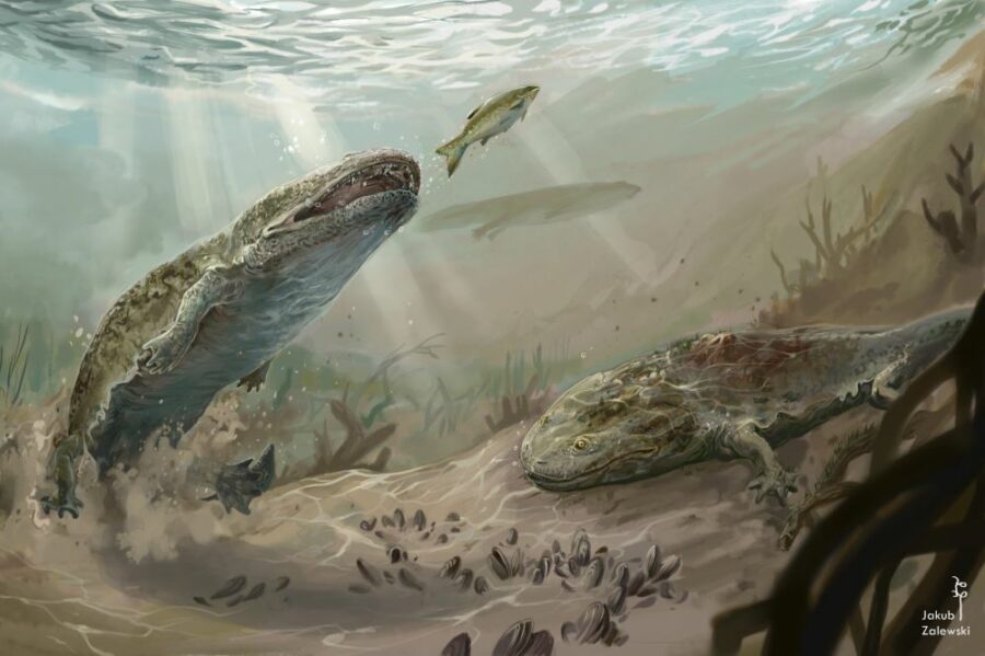 Metopozaury, przedstawiciele płazów tarczogłowych w swoim środowisku, około 210 mln lat temu