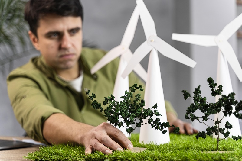 mężczyzna układa na sztucznej trawie wiatraki z papieru imitujące wiatraki energetyczne