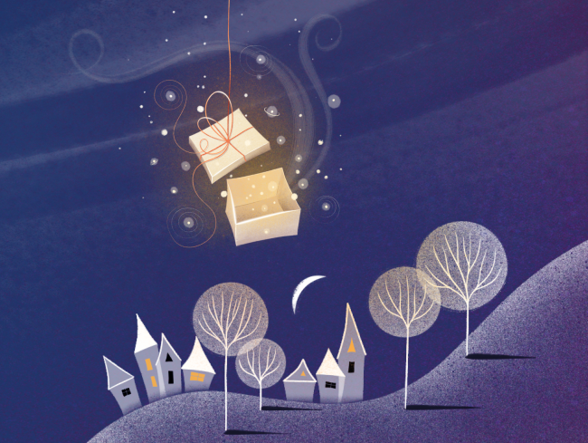 świąteczna grafika z domami, drzewami i prezentami w zimowej aurze