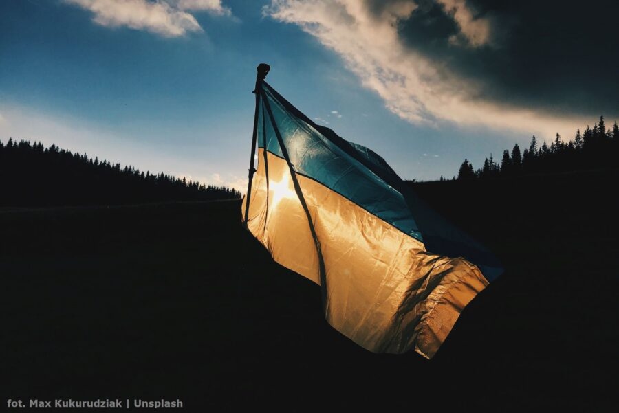 Flaga Ukrainy widziana pod światło. W tle ciemny las i zachmurzone niebo