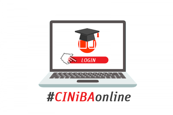 Grafika: laptop z napisem #CINiBAonline