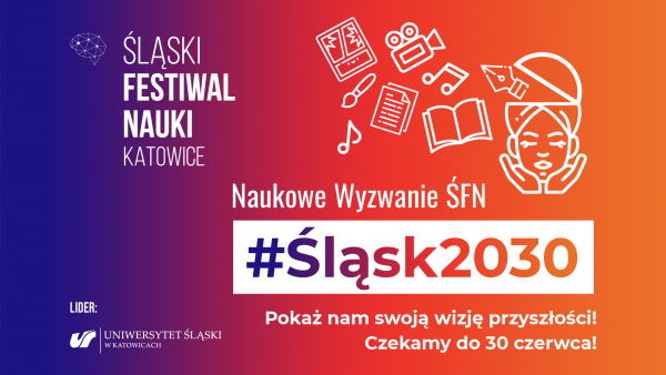 Grafika promująca akcję Śląskiego Festiwalu Nauki KATOWICE #NaukoweWyzwanieŚFN