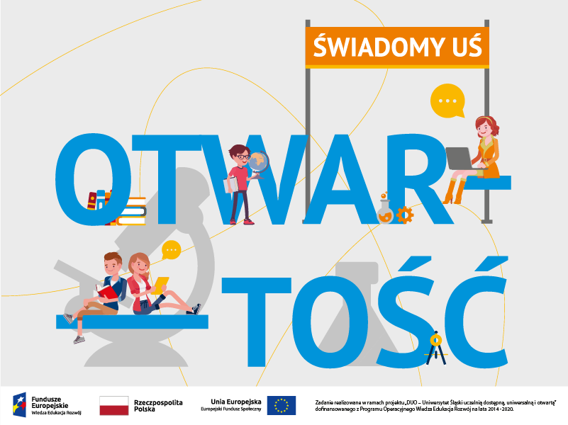 Grafika promująca kampanię społeczną „Świadomy UŚ. Otwartość”/Graphics promoting the social campaign Aware University of Silesia. Openness