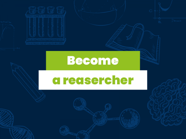 napis: Become a researcher, w tle grafiki probówek, ołówka, książki, mózgu, cząsteczek