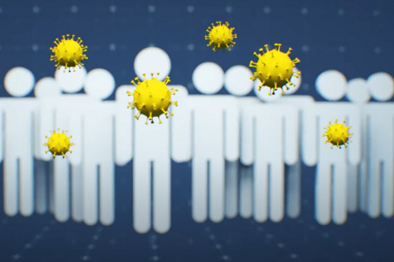 Grafika z wirusami, za którymi stoją ikony człowieka imitujące społeczeństwo / graphics with coronavirus and humans in the background