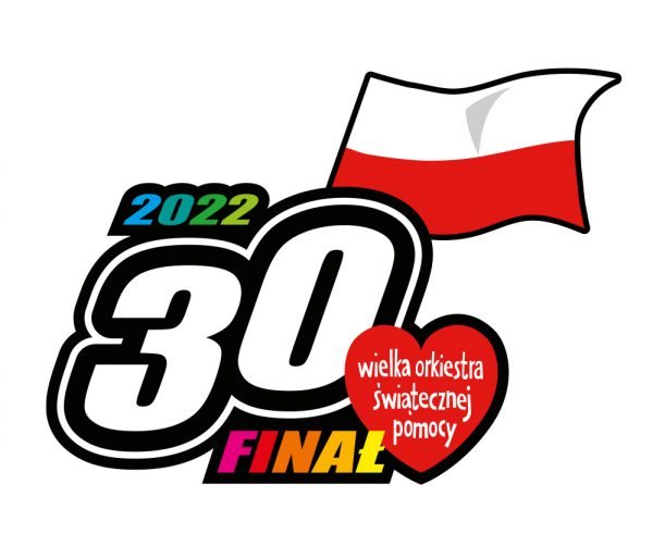 Logotyp Wielkiej Orkiestry Świątecznej Pomocy, serce i flaga, napis - 30 finał WOŚP 2022