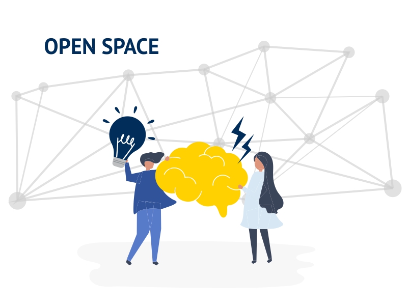 Grafika z napisem open space, na obrazku dwie osoby, pomiędzy nimi symbol mózgu, jedna z osób trzyma w dłoni żarówkę symbol pomysłowości