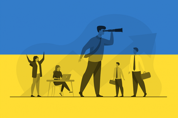 Grafika z grupą ludzi wykonujących różne czynności: ktoś się rozciąga, kolejna osoba siedzi przy laptopie, ktoś jeszcze patrzy przez lunetę. Grafika w kolorach flagi Ukrainy