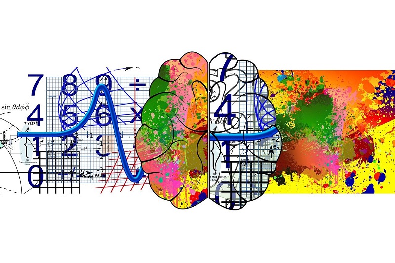 grafika przedstawiająca rysunek mózgu, liczby, linie, kolorowe plamy / graphic with a drawing of a brain, numbers, lines, and splashed paint