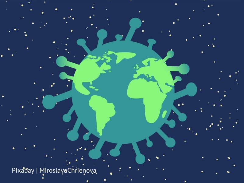 Grafika przedstawiająca nałożony kształt Ziemi i koronawirusa