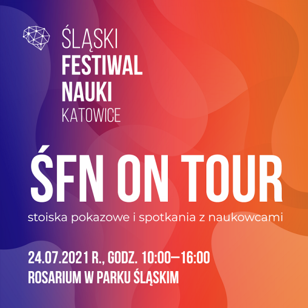 Grafika promocyjna z napisem: „Śląski Festiwal Nauki Katowice. ŚFN on Tour. Stoiska pokazowe i spotkania z naukowcami. 24.07.2021 r., godz. 10:00-16:00. Rosarium w Parku Śląskim"