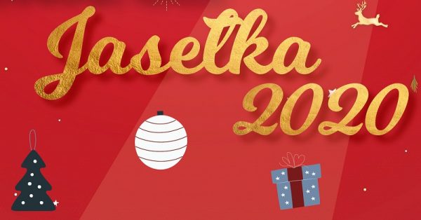 na czerwonym tle napis Jasełka 2020, poniżej bombka, prezent i choinka