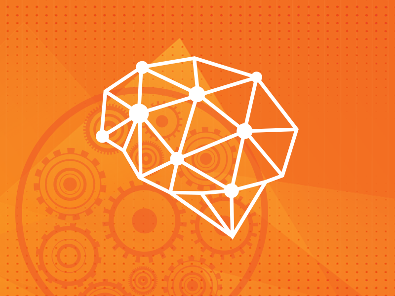 wzór geometryczny mózgu na pomarańczowym tle / picture of a brain made of geometric figures with orange background