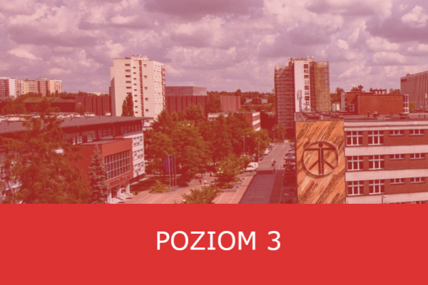 kampus Uniwersytetu Śląskiego w Katowicach, napis na czerwonym tle: poziom 3