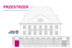 Grafika przedstawiająca budynek oraz napisy przestrzeń i logo centrum