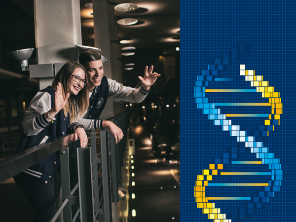 Dwoje młodych ludzi uśmiecha się i macha. Po prawej stronie grafika przedstawiająca helisę DNA/Two young people are smiling and waving. On the right there is an artwork showing the DNA helix