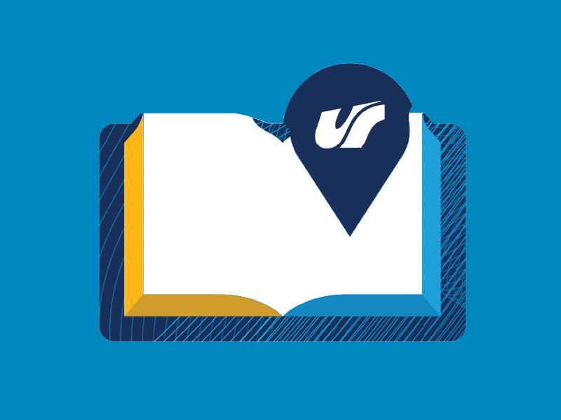 grafika: na niebieskim tle otwarta książka z logotypem UŚ