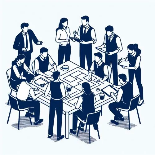 Grafika: grupa ludzi dyskutujących ze sobą, część z nich siedzi przy dużym stole