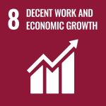 UN Goal 8 icon: the words growth and decent work on a burgundy background