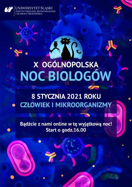 Plakat promujący Noc Biologów 2021, tło: wirusy i mikroorganizmy 