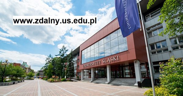 Budynek rektoratu Uniwersytetu Śląskiego i napis www.zdalny.us.edu.pl