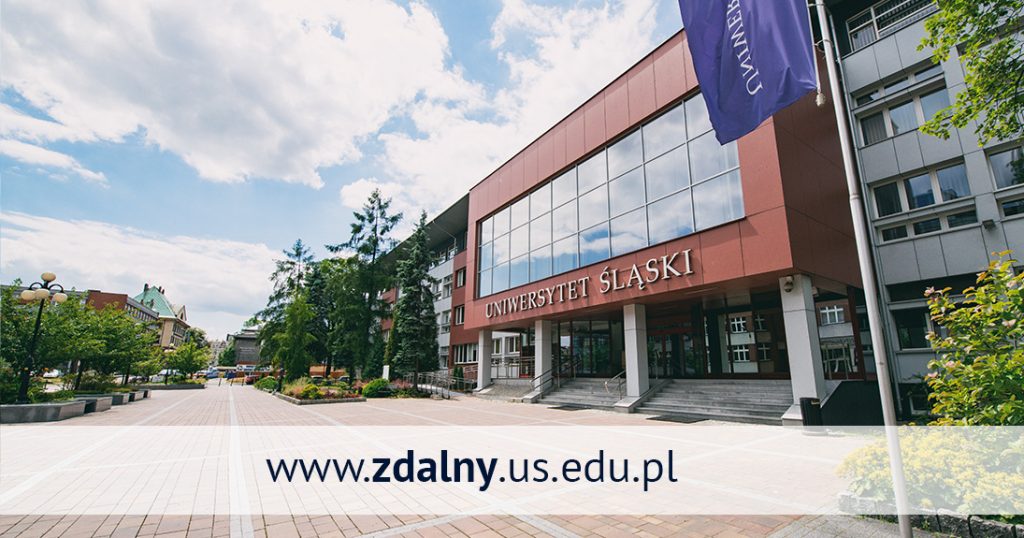Budynek rektoratu Uniwersytetu Śląskiego i napis www.zdalny.us.edu.pl