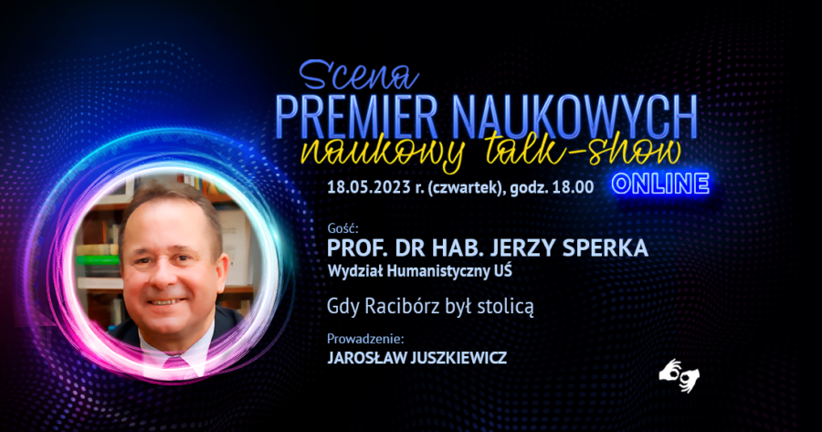 grafika promująca spotkanie w ramach Sceny Premier Naukowych z prof. Jerzym Sperką