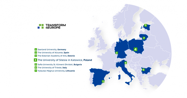 mapa Europy z zaznaczonymi uczelniami partnerskimi Transform4Europe