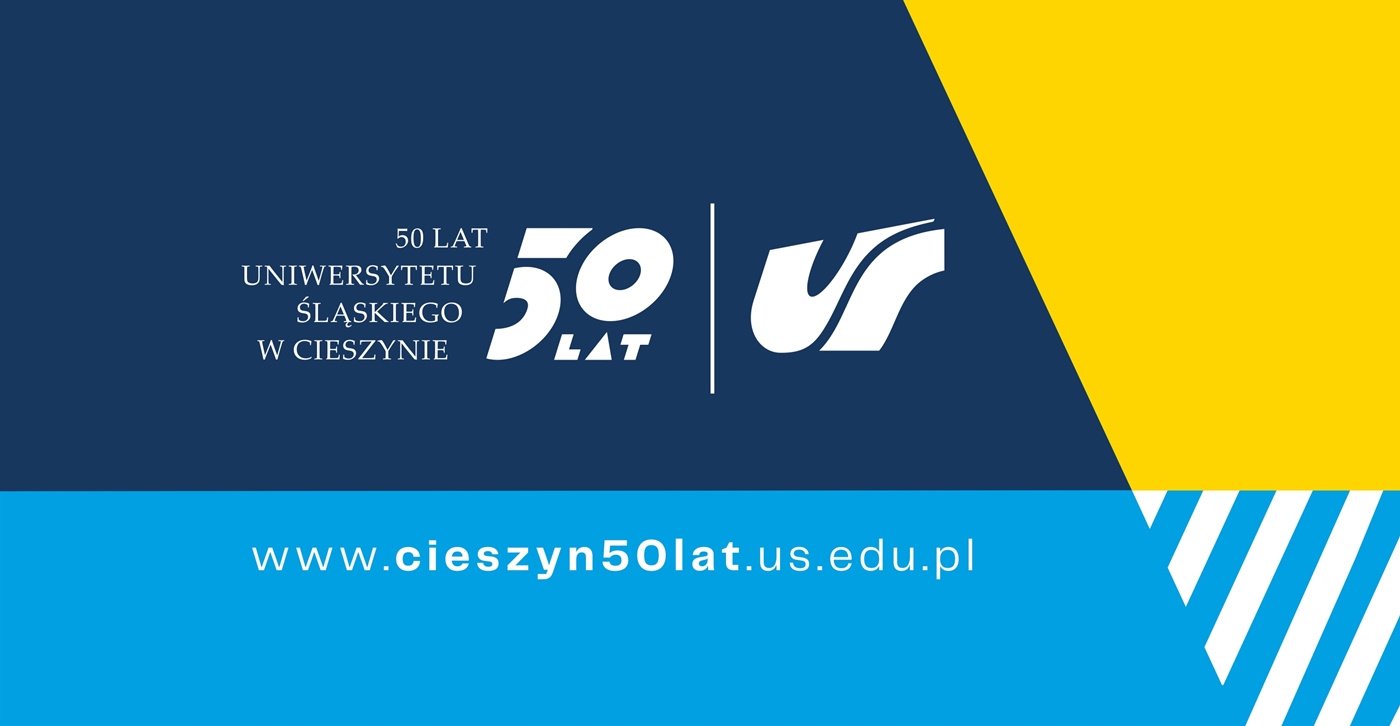 Grafika: logo 50 lat Uniwersytetu Śląskiego w Cieszynie oraz adres strony internetowej www.cieszyn50lat.us.edu.pl