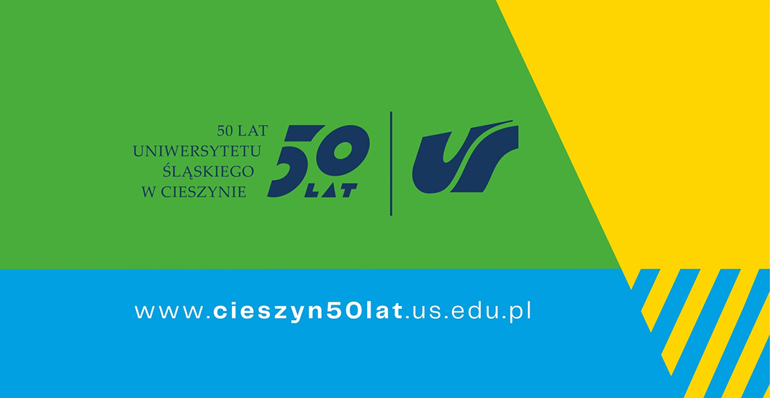 Grafika: logo 50 lat Uniwersytetu Śląskiego w Cieszynie oraz adres strony internetowej www.cieszyn50lat.us.edu.pl