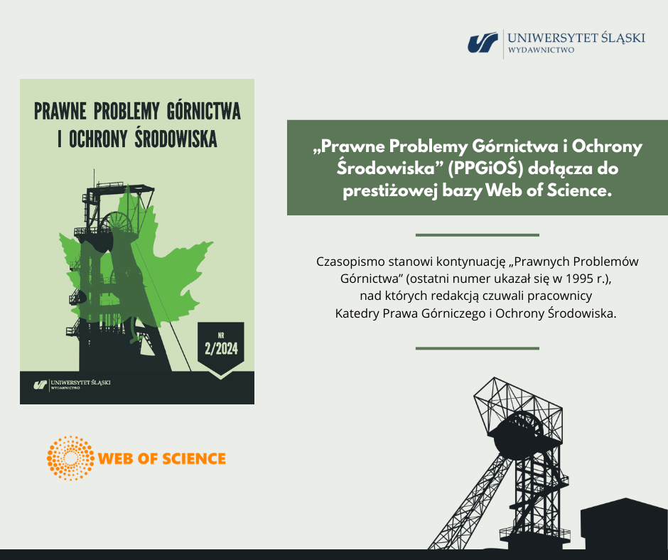 Prawne Problemy Górnictwa I Ochrony Środowiska w Webo Of Science - obrazek ilustrujący. Zawiera okładkę czasopisma, skrót tekstu wiadomości oraz logo Wydawnictwa Uniwersytetu Śląskiego oraz logo Web of Science
