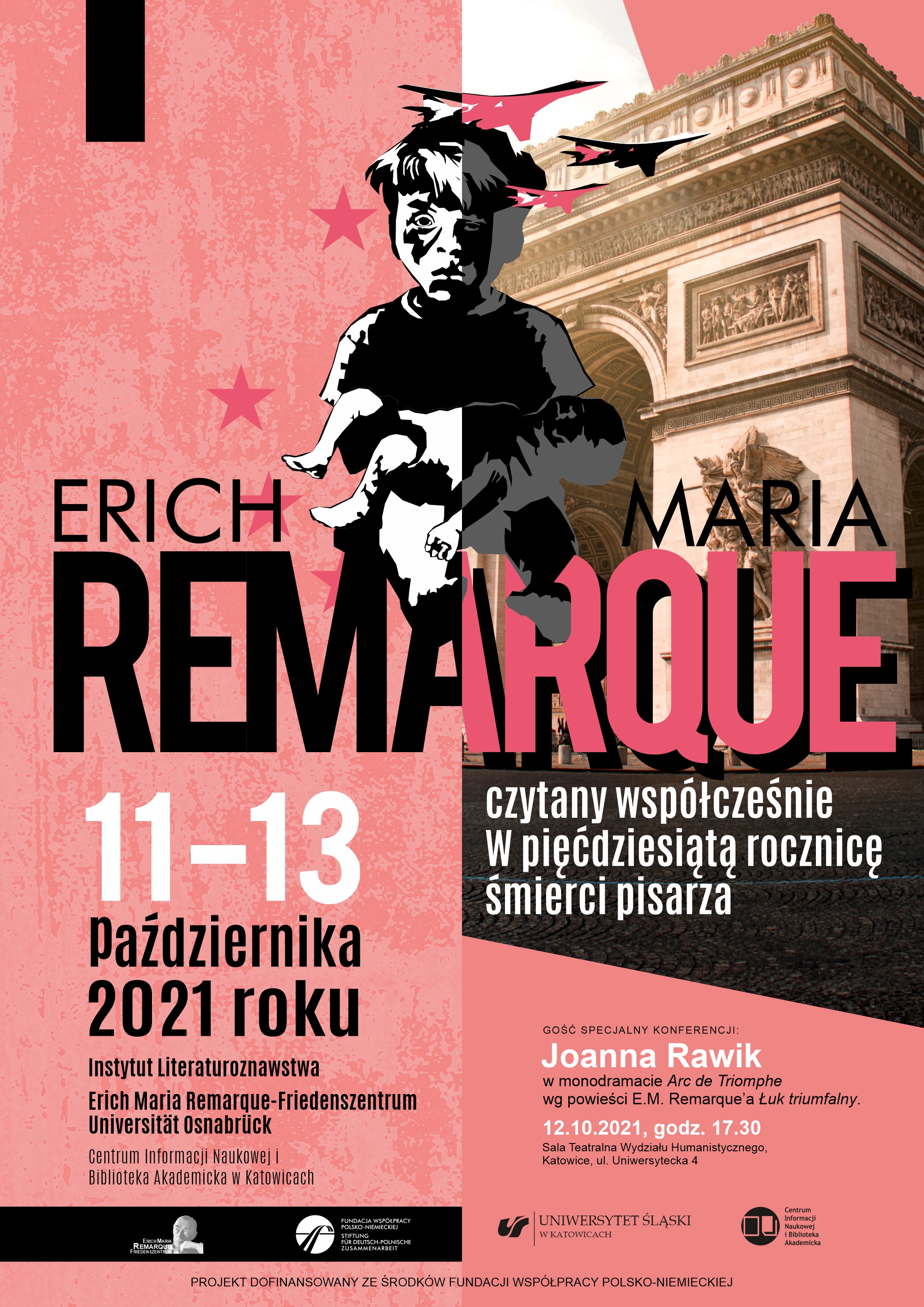 plakat promujący wydarzenie Erich Maria Remarque czytany współcześnie w pięćdziesiątą rocznicę śmierci pisarza