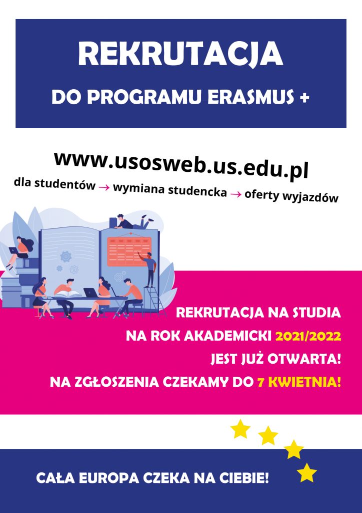 Plakat informujący o rekrutacji do programu Erasmus+ na studia na rok akademicki 2021/2022