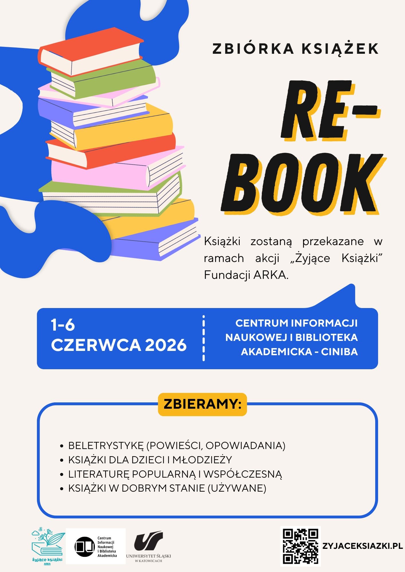Zbiórka książek RE-BOOK plakat z ilustracją stosu książek