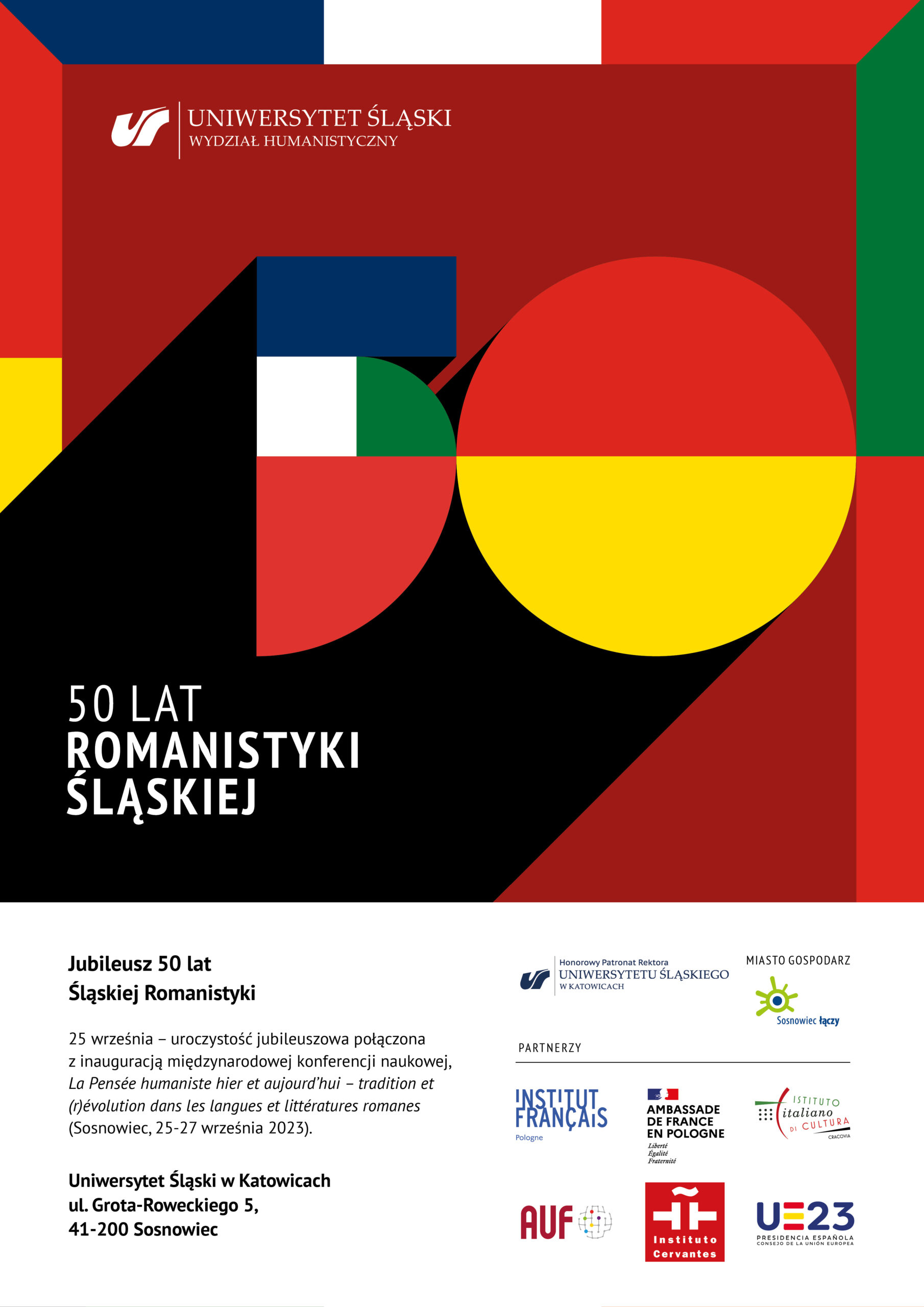 Plakat promujący obchody 50 lat istnienia śląskiej romanistyki