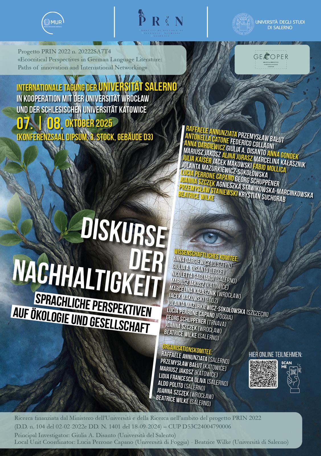 plakat konferencji naukowej Diskurse der Nachhaltigkeit. Sprachliche Perspektiven auf Ökologie und Gesellschaft z kobietą w tle otoczoną gałęziami