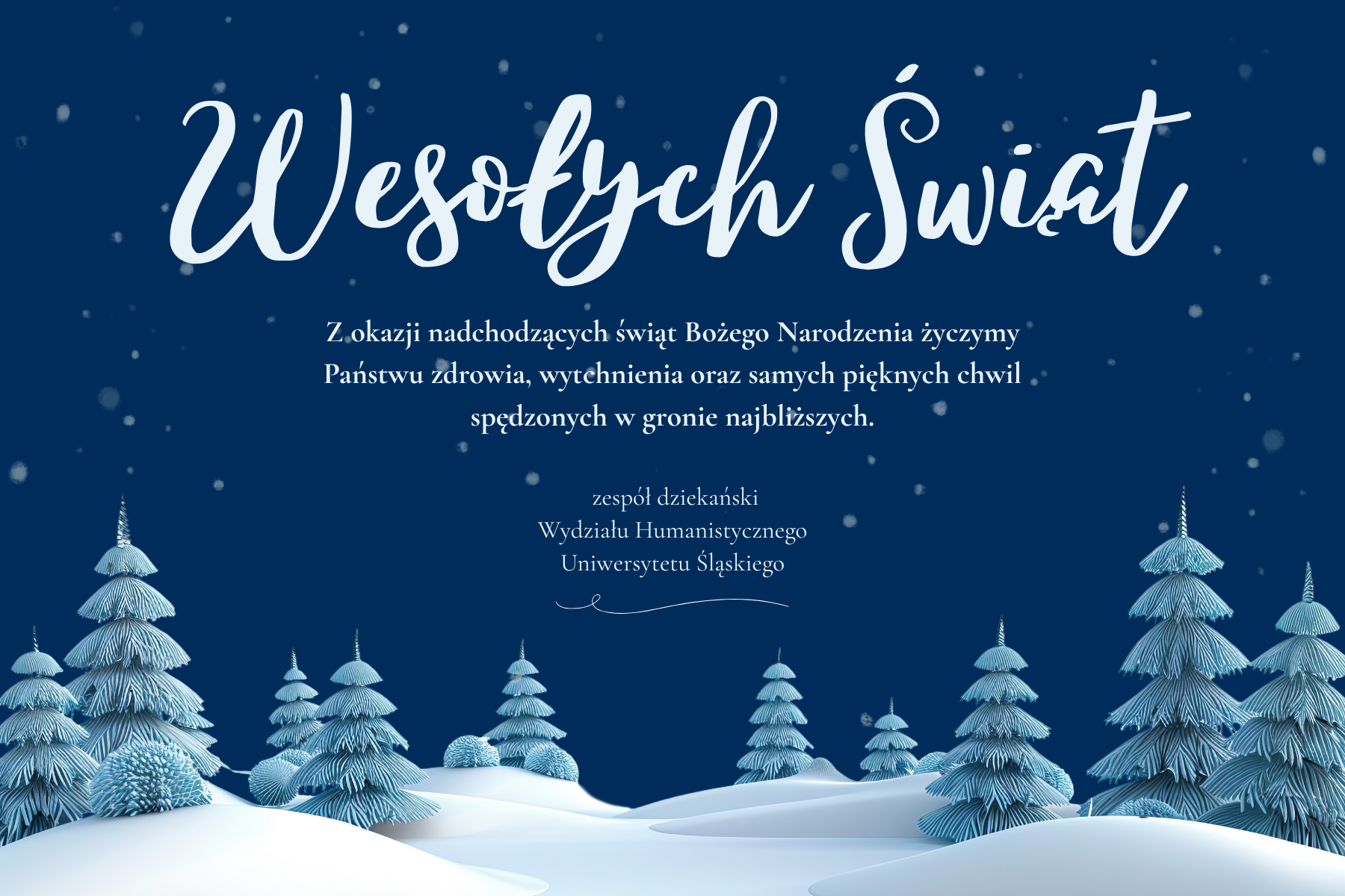 Kartka świąteczna na niebieskim tle z motywem śniegu i choinek