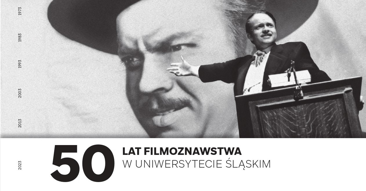 kadr z filmu "Obywatel Kane", napis 50 lat filmoznawstwa w Uniwersytecie Śląskim