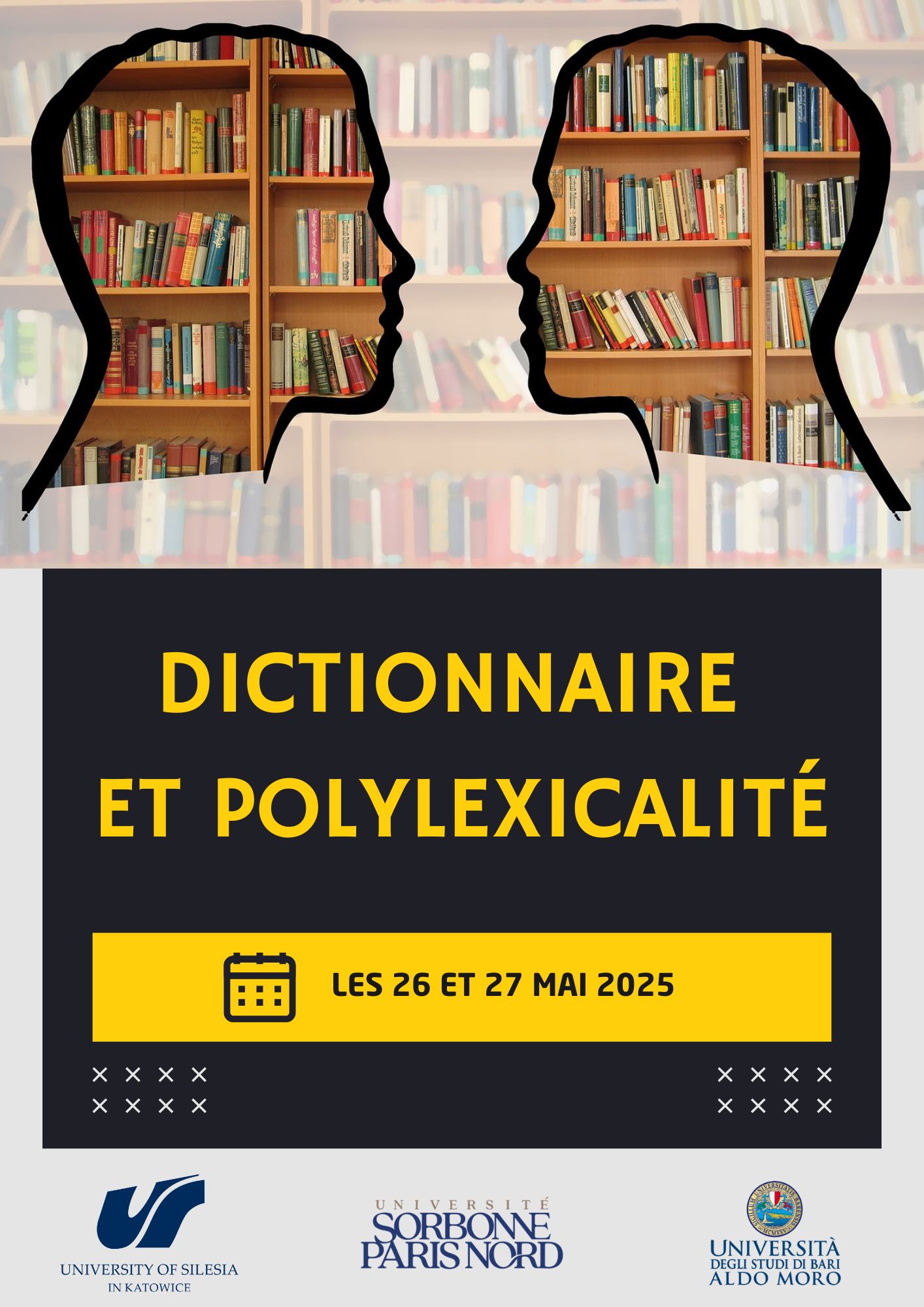 plakat z nazwą i datą konferencji, u góry grafika przedstawiająca obrys dwóch głów zwróconych do siebie na tle regału z książkami