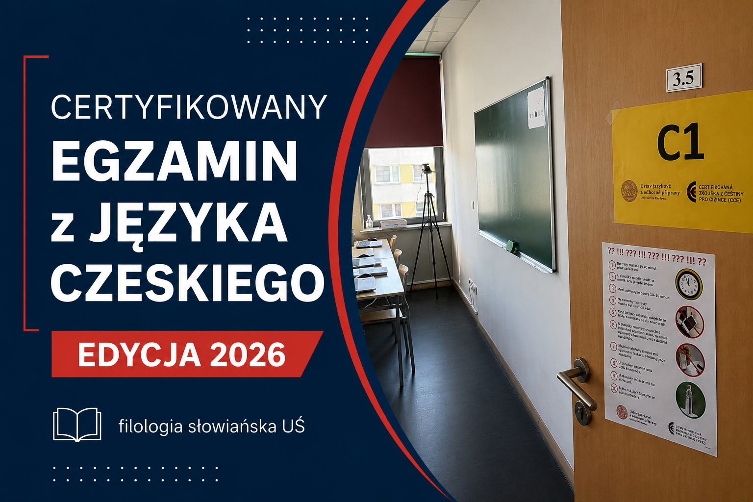 grafika promująca egzamin z czeskiego ze zdjęciem klasy
