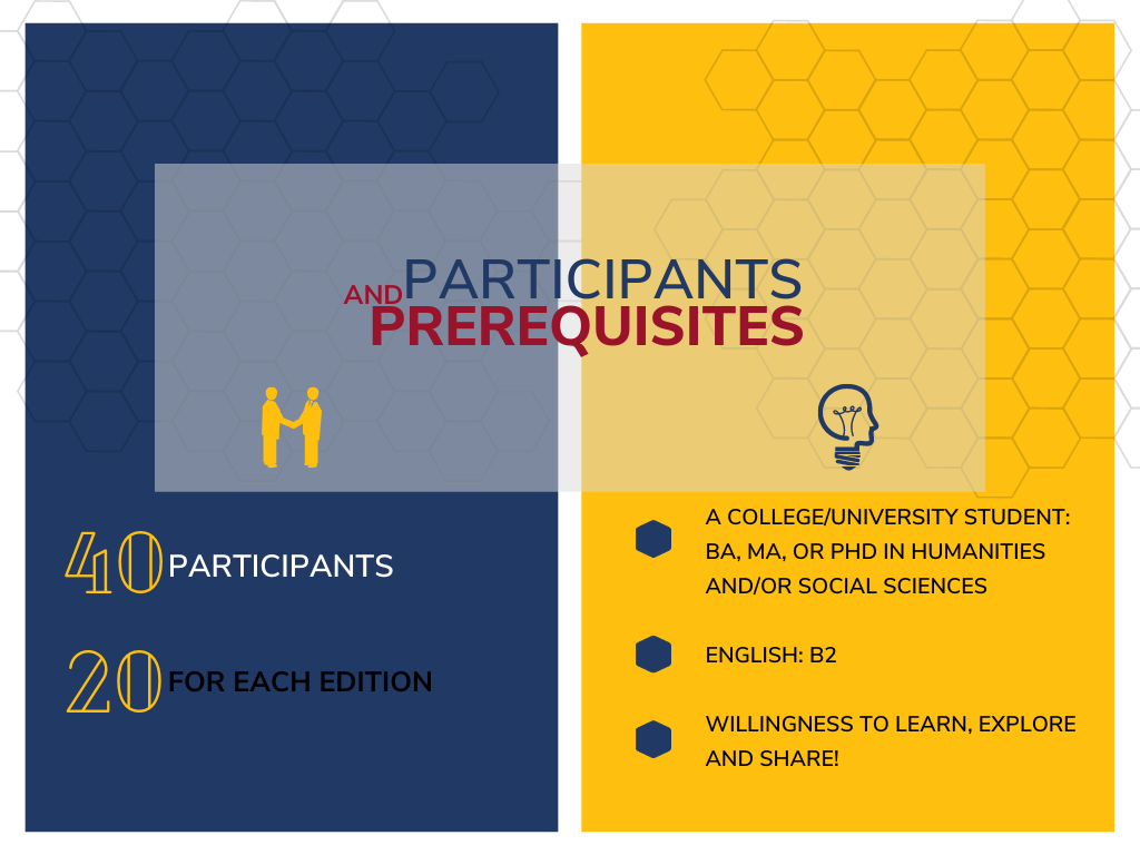 Participants AND Prerequisites; 40 participants: 20 for each edition; • A college/university student: BA, MA, or PhD in humanities and/or social sciences • English: B2 • Willingness to learn, explore and share!
