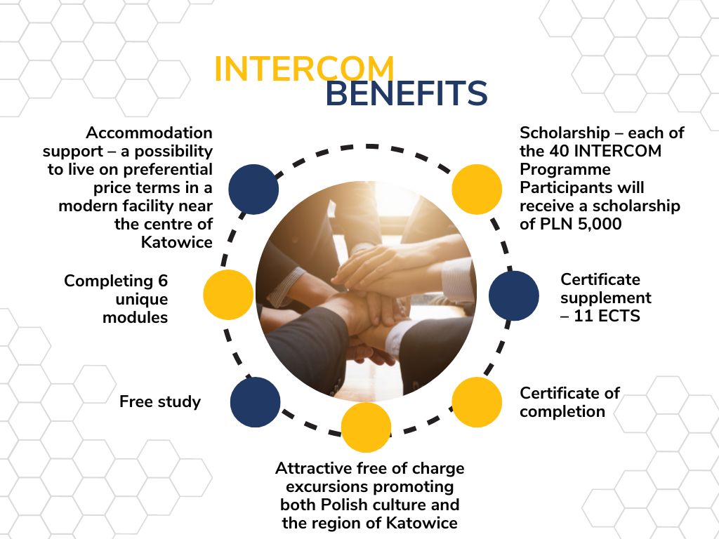 INTERCOM BENEFITS: • Free study • Completing 6 unique modules • Certificate of completion • Certificate supplement – 11 ECTS • Scholarship – each of the 40 INTERCOM Programme Participants will receive a scholarship of PLN 5,000. • Accommodation support – a possibility to live on preferential price terms in a modern facility near the centre of Katowice • Attractive excursions promoting both Polish culture and the region of Katowice.