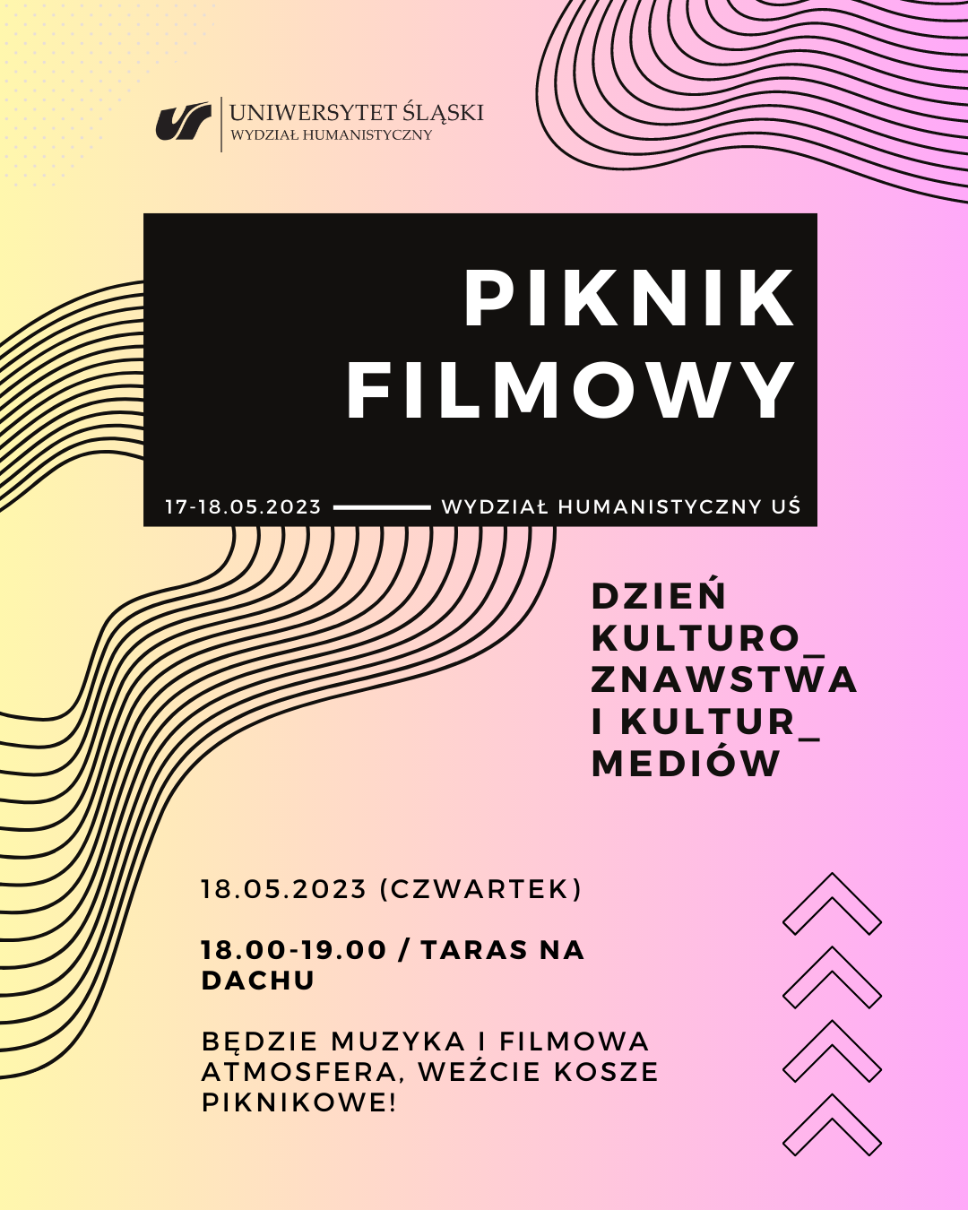 piknik filmowy będzie muzyka i filmowa atmosfera, weźcie kosze piknikowe 18.05.2023 (czwartek) 18.00-19.00 / taras na dachu