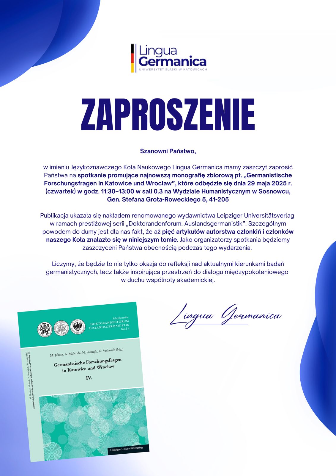 grafika z treścią zaproszenia na spotkanie, okładką książki i logiem koła