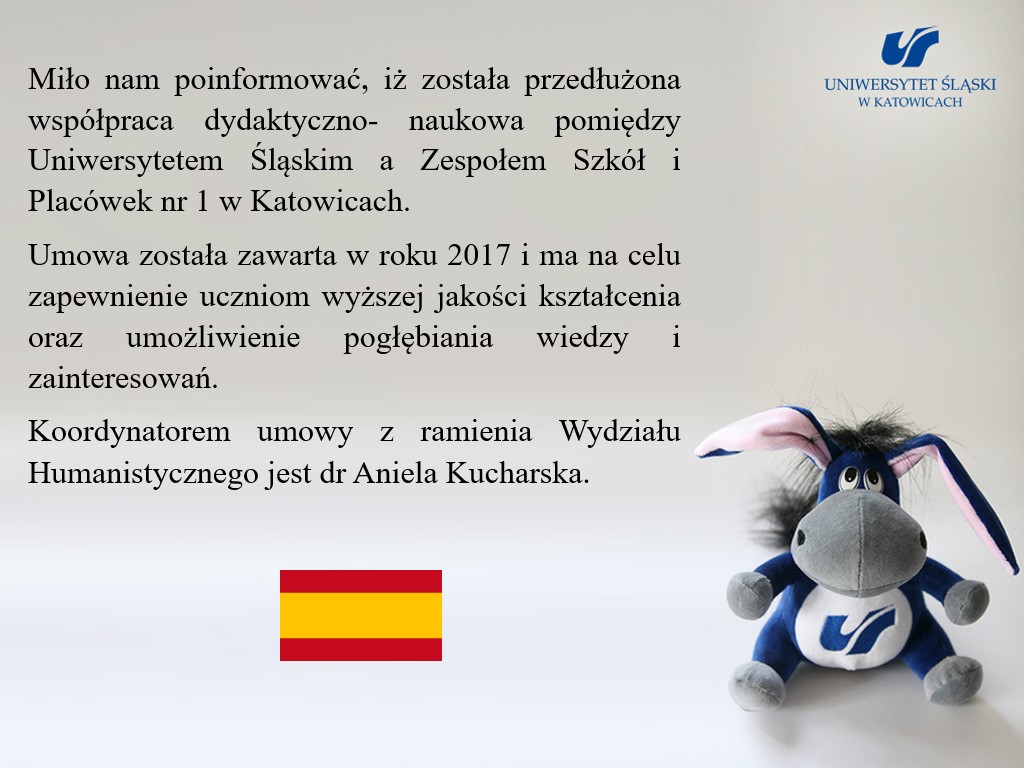 Informacja o przedłużeniu współpracy z Zespołem Szkół i Placówek nr 1 w Katowicach