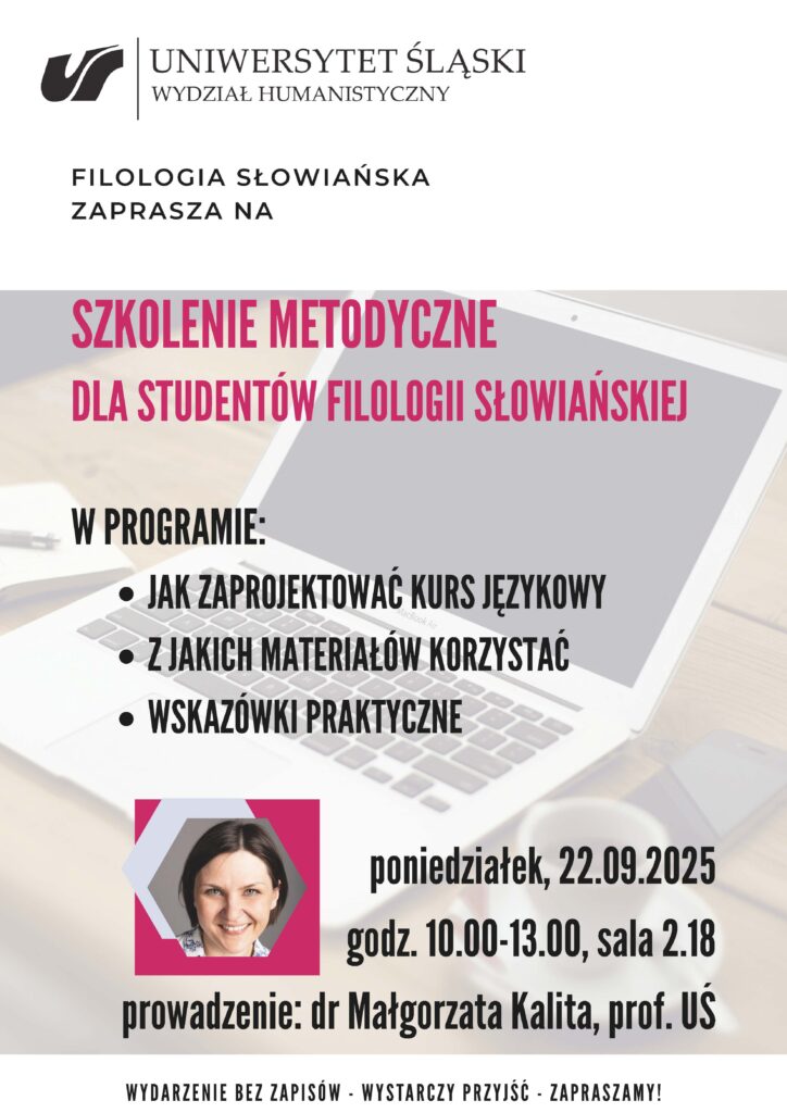 grafika promująca warsztaty metodyczne. w tle laptop