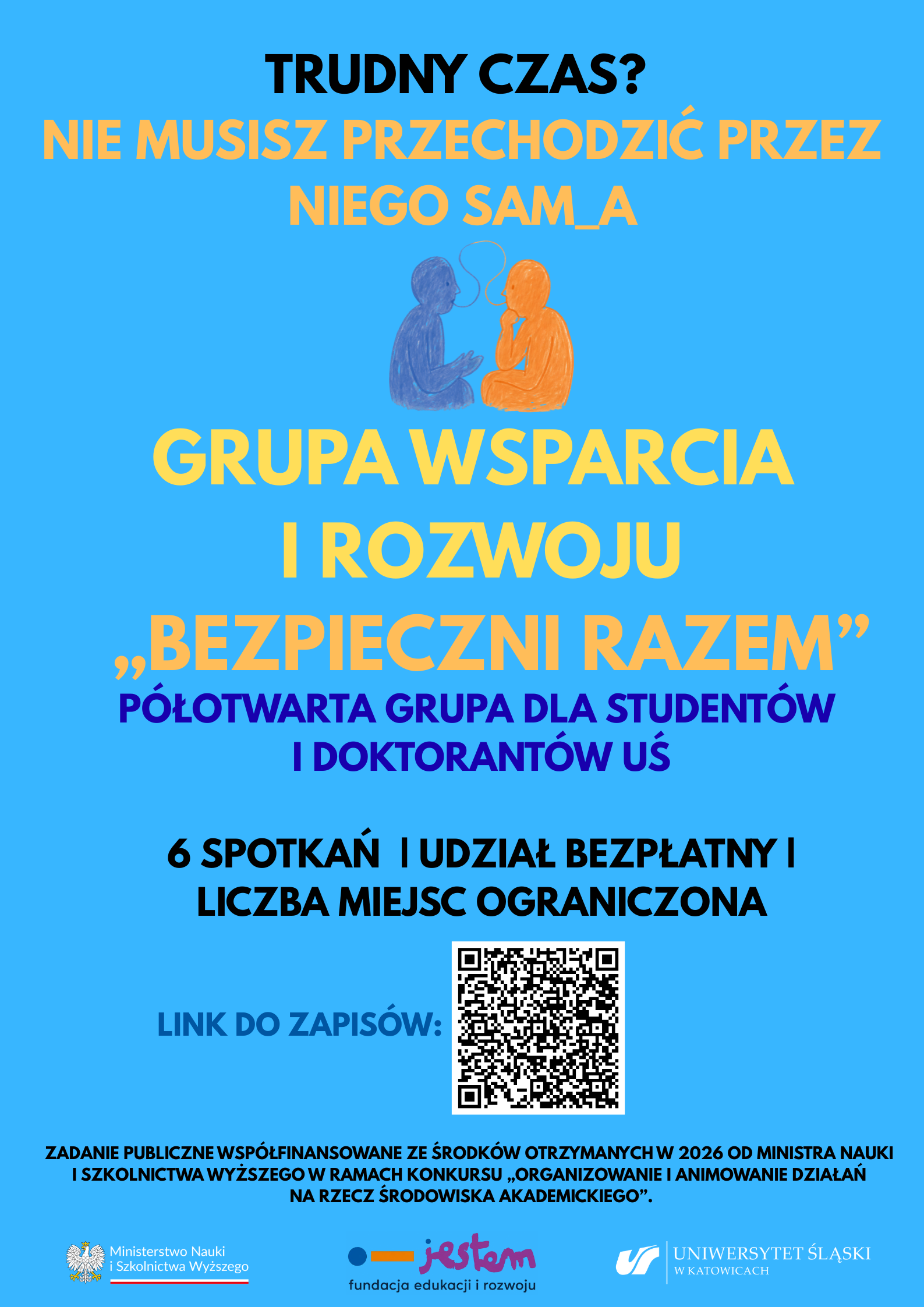 plakat na niebieskim tle z dwoma rozmawiajacymi postaciami rysunkowymi